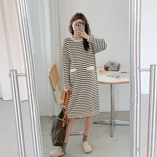 Autumn and Winter maternity dress pregnant women's sweater dress Korean striped mid-length sweater dress simple all-match