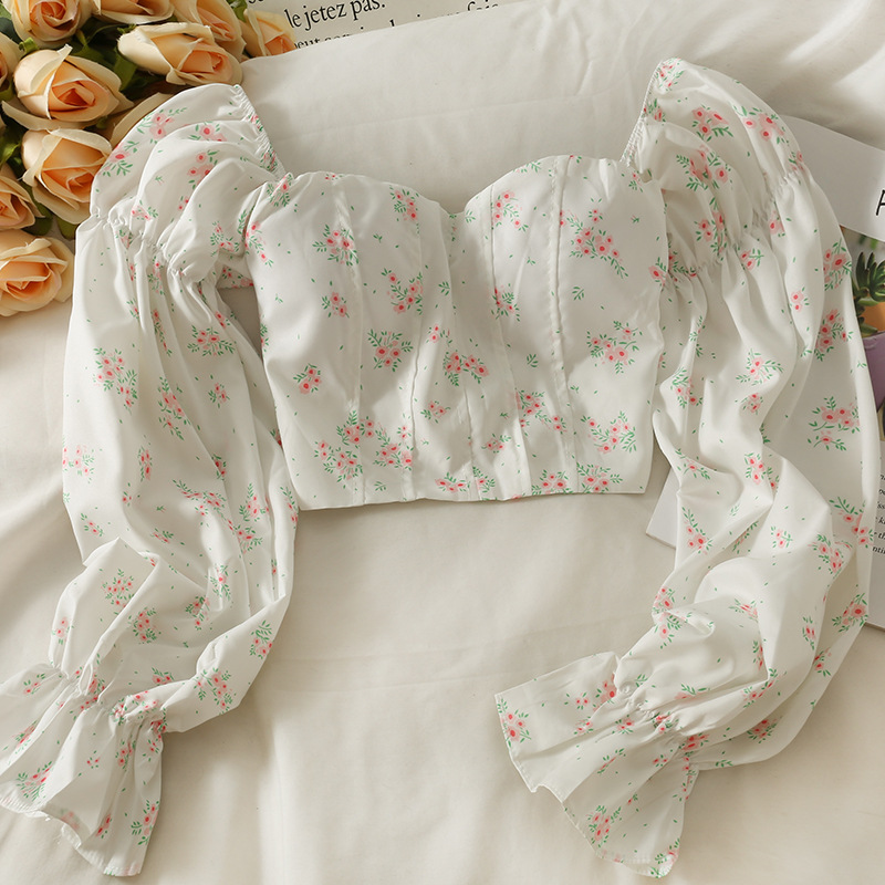 Floral Print Off-Shoulder Top Women's French Style Sweet Flared Unique Fit Collarbone Length Fitted Sleeves_ecoleips.com