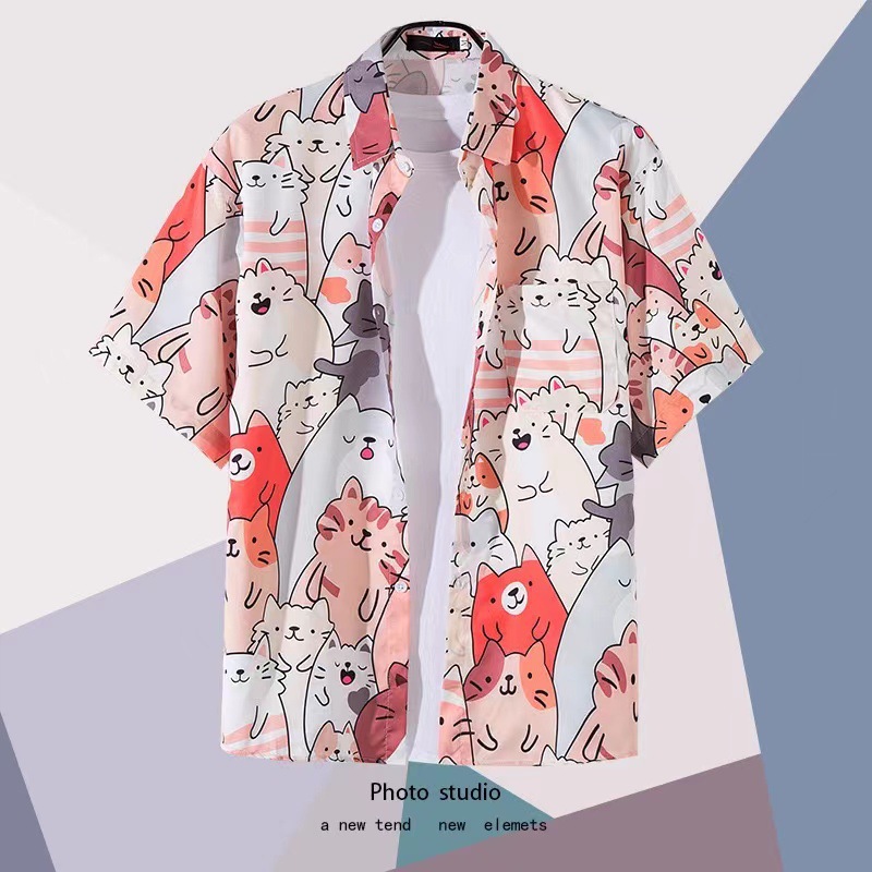 Summer Beach floral hombres y mujeres camisa delgada ins moda hawaiana transfronteriza suelta tie-dyed manga corta pareja camisa