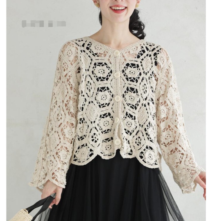 2024 spring new women's long-sleeved lace hollow embroidered women's small coat lace shirt
