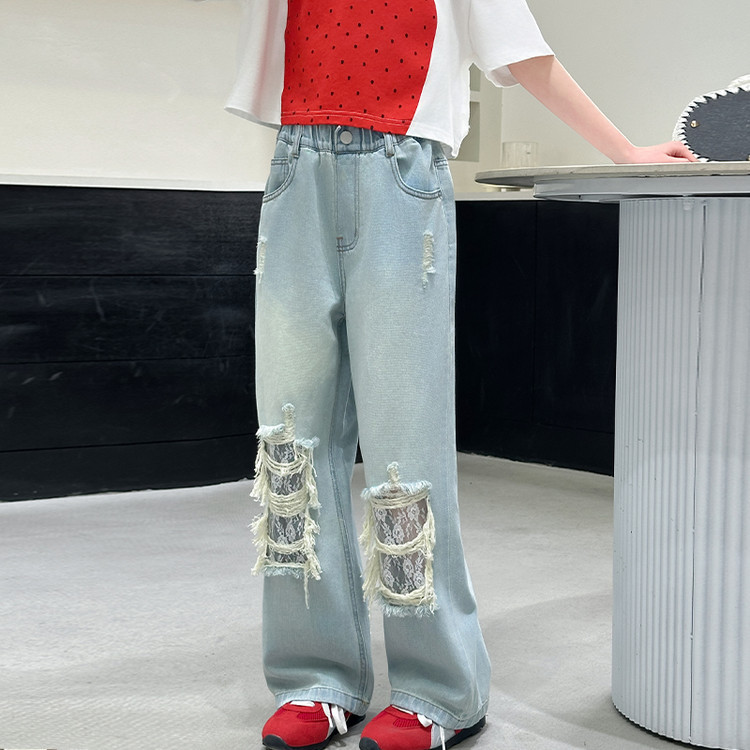 A25036 Style Ripped Lace Jeans Wide Leg New Children's Miscellaneous European And American Jeans_viptrois.com