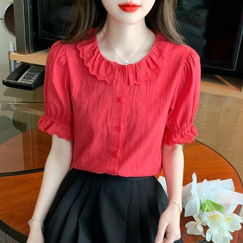 Summer 2026 New Women's Fashion Ruffled Doll Collar Pure Cotton Shirt Women's Stylish All-Cotton Red Top