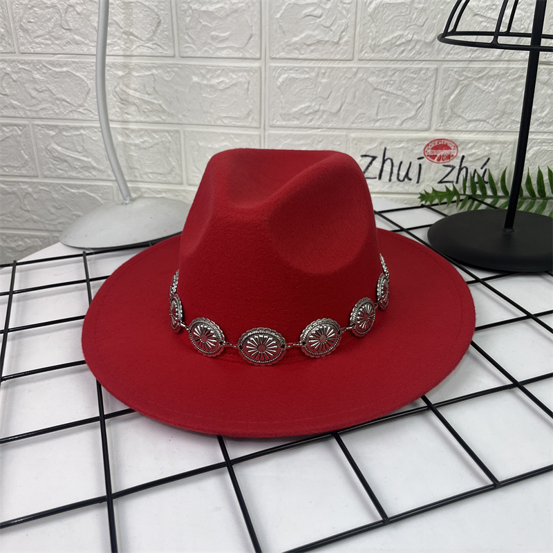 Sombrero de lana europeo y americano sombrero de fieltro de estilo británico decoración de cadena ovalada AliExpress sombrero de jazz borde plano sombrero superior para hombres