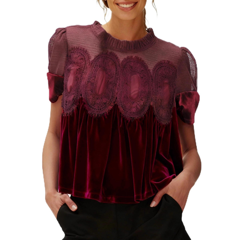 Women's Velvet Lace Shirt, Casual Round Neck, Short Sleeves, Flared Hem Top, Elegant Loose Back Design, Exquisite.
