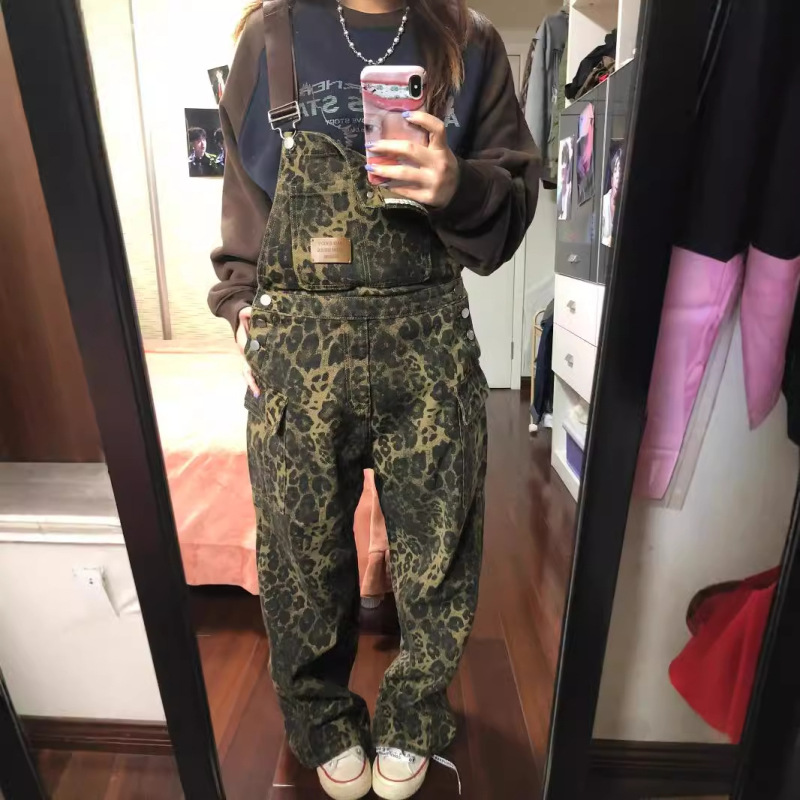 美式复古豹纹背带裤女春季新款宽松直筒街头牛仔阔腿工装裤ins潮|undefined