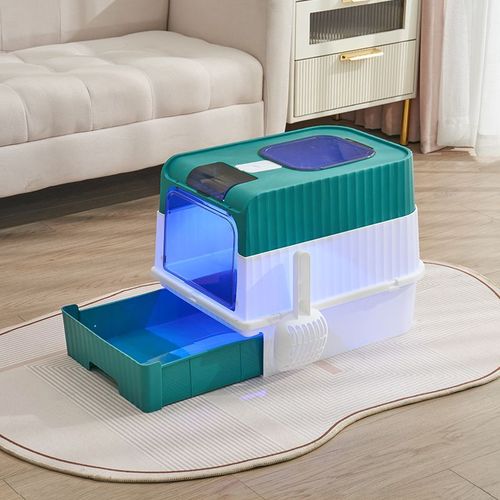 Fully enclosed folding large cat litter box, sand-proof and deodorizing drawer-type cat toilet with litter shovel, blue light sterilization