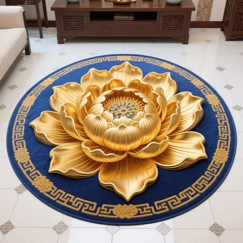 地毯莲花跪拜跪垫圆形立体满铺水晶中式荷花卧室地垫古典客厅家用|undefined