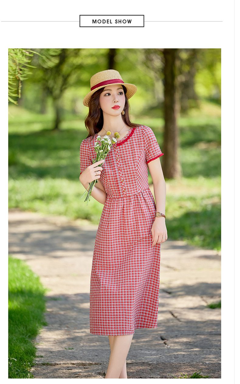 Đầm maxi nữ thắt eo cổ tròn họa tiết kẻ caro vintage — Màu ảnh chi tiết 7