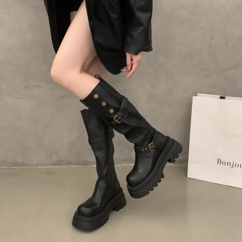 厚底软皮长筒靴女2025新款粗跟增高显瘦时装靴小个子高筒靴|undefined