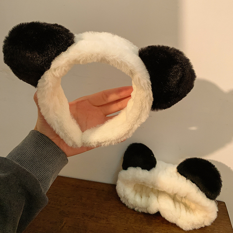 Caricatura adorable oso orejas peludos cabello banda peluda de borde ancho lavado de cara cabello clip cabello banda de cabello otoño invierno