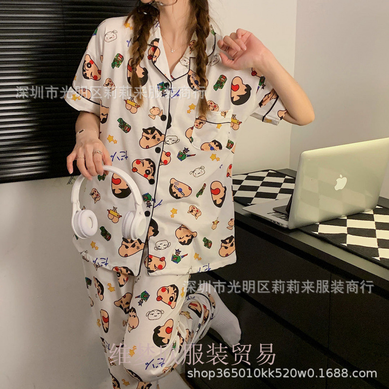 Pajamas Women's Cartoon Home Clothes Short Sleeve Pants suit Short Long Imitation Cotton in stock Sleeping Wear in Spring, Autumn and Summer