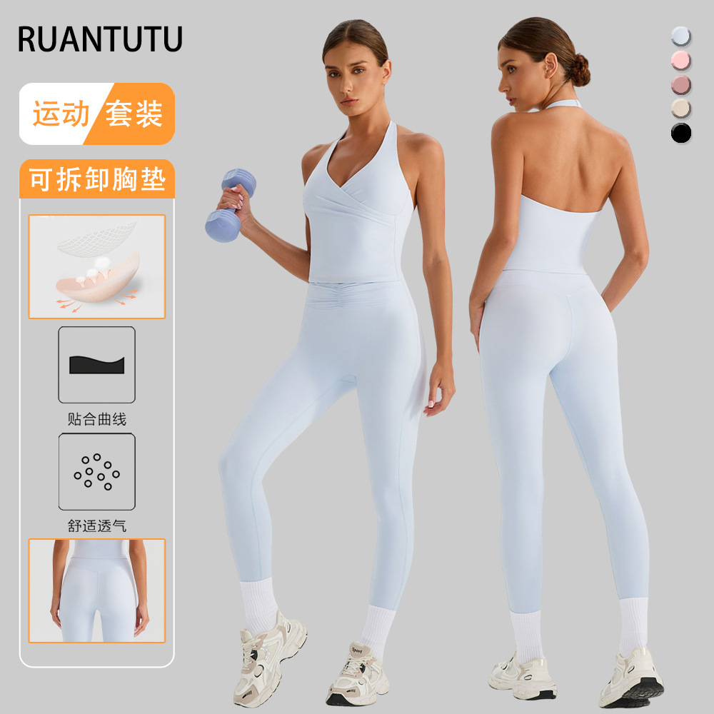 Cross-border cintura alta elevación de cadera acondicionamiento físico de hierro con cojín de pecho para mujeres sujetador deportivo ropa de yoga dos piezas
