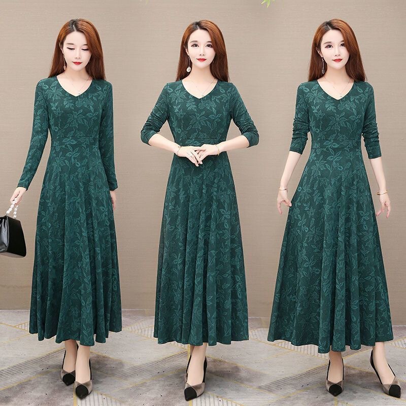 Fashionable Elegant Middle-Aged and Elderly Women's Dress 2021 Autum Women's Elegant Loose Slimming Look Long-Sleeved Dress