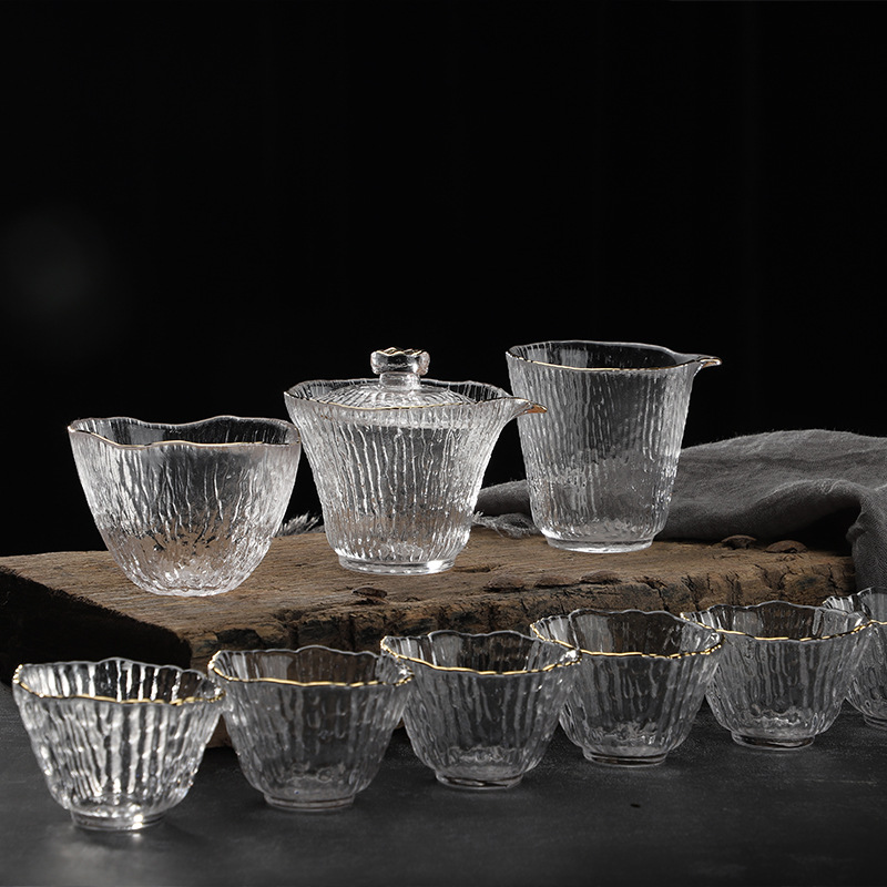 Japanese style crystal glass gold rim bamboo joint pattern kung fu tea set gift wholesale household complete set of fair cup cover bowl 