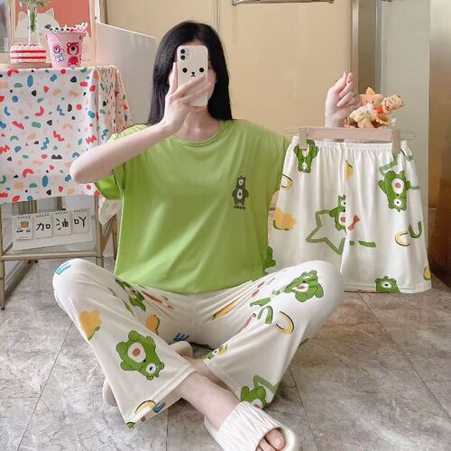 Factory imitated cotton summer short-sleeved pajama set cartoon pajamas for girls short-sleeved shorts three-piece set home clothes