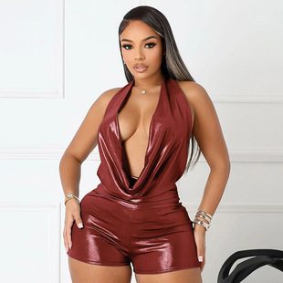 J25Rp138 Cross-Border New Women's Sexy Swing Collar Halter Back Lace-Up Tight Shorts Metal Foil Jumpsuit for Women