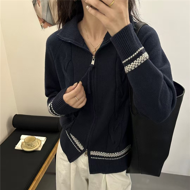 KANING立领慵懒风半拉链针织衫2025秋冬新款女装灰色麻花毛衣外套|undefined