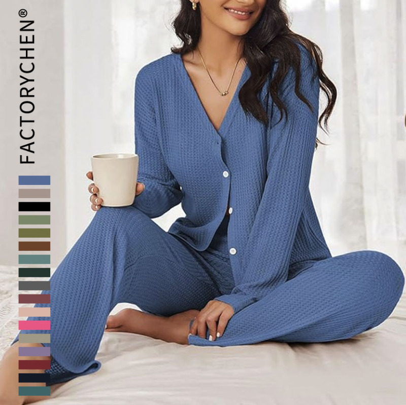 Women's Loungewear New European and American Style Waffle Loungewear Women's Loose Casual Pajamas Two-Piece Set