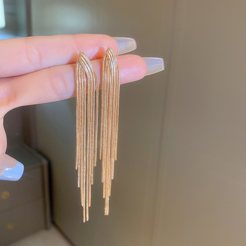 Pendientes largos de borla de cadena de aguja de plata Pendientes de alto grado de lujo ligero europeo y americano Pendientes de diseño de moda exagerada de nicho