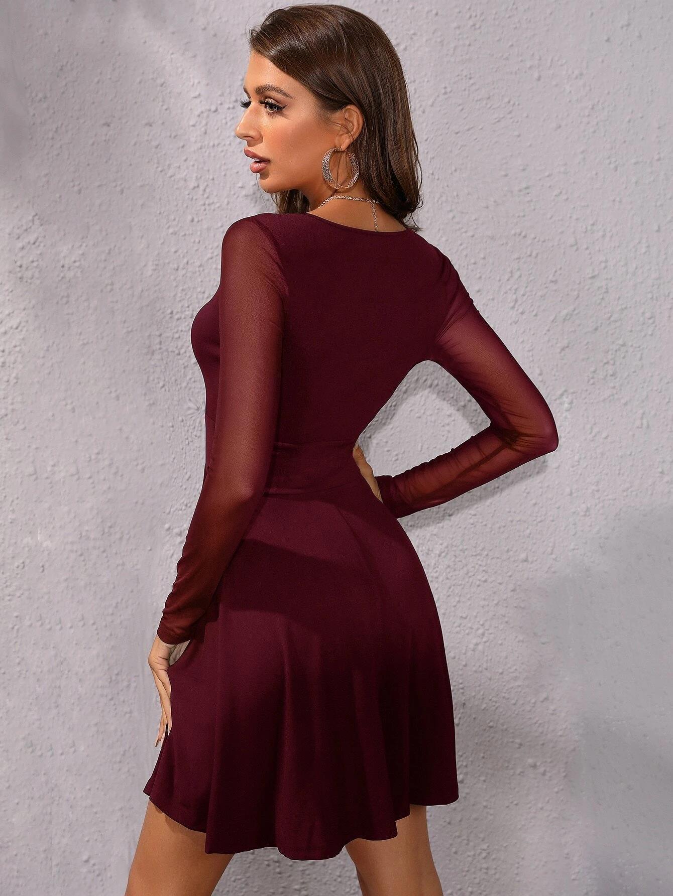 2022 Early Spring European And American Cross-border New Sexy Slim-fit Fashion Mesh Long-sleeve Elegant Mini Dress In_ecoleips.com