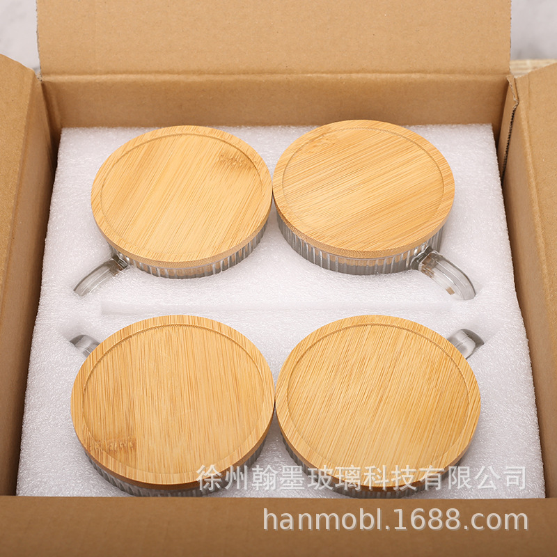 Taza de vidrio a rayas verticales con tapa de madera taza de café casera taza de bebida de leche taza de whisky de alto valor
