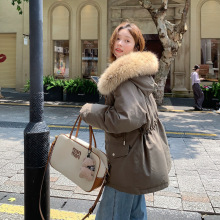 2025冬新款军绿色中长款大毛领连帽派克羽绒服女收腰设计感厚外套