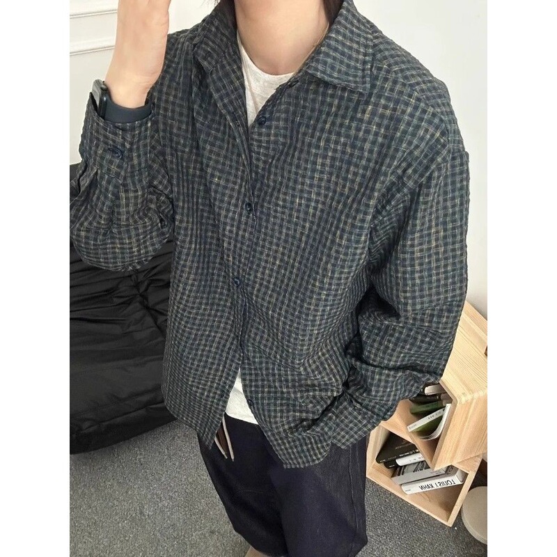 Loose and Versatile Retro Fashion Men's Trendy Shirt, New Spring Casual Jacket, Simple Seersucker Plaid Shirt