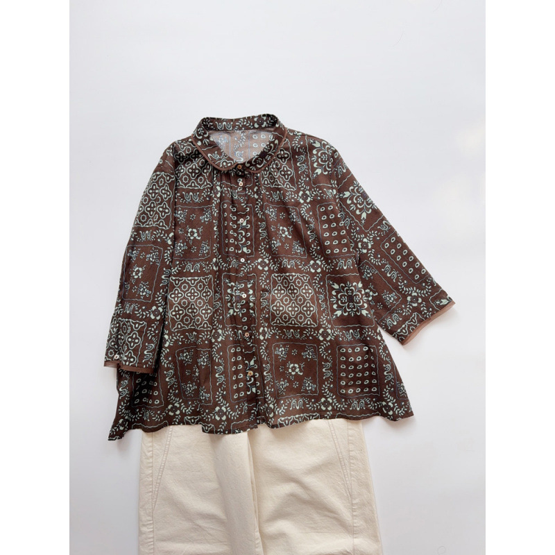 Niche Designer Coffee-Colored Floral Blouse, Thin Cotton and Linen Three-Quarter Sleeve Printed Shirt, Women's Top with Mulberry Silk