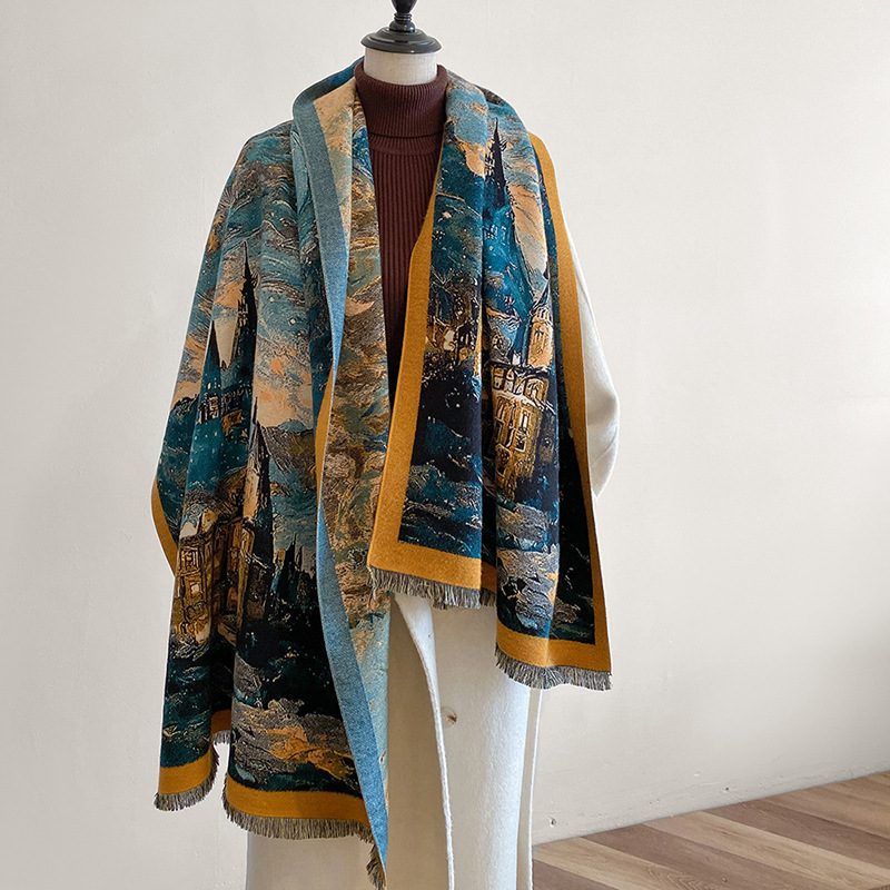 Autunno e inverno Edizione coreana Collo premium Castello Stile pittura a olio Versatile stampa con scialle caldo imitazione cashmere_voghion.com