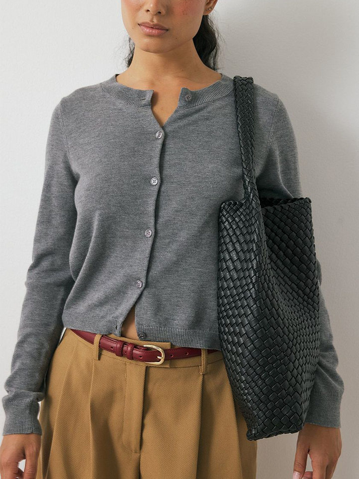 Áo cardigan dệt kim nữ cổ tròn tay dài mỏng nhẹ mặc trong — kaki, màu xanh hải quân chi tiết 16