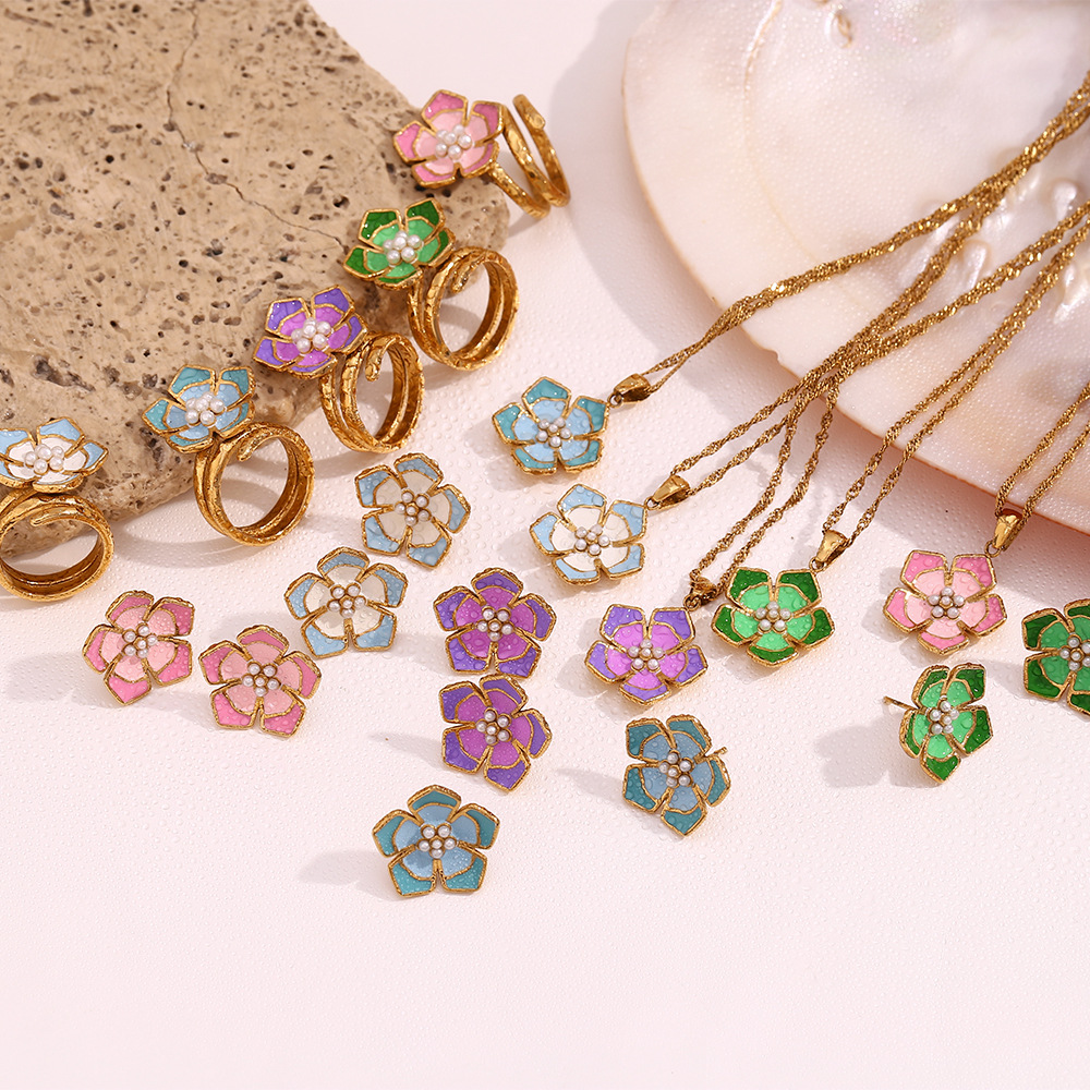 Pearl Colored Drop Oil Petal Necklace Earrings Ring Sets