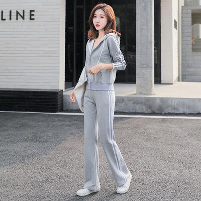 grey fashion suit 2024 Autumn and winter new pattern Hooded Cardigan motion leisure time Wide leg pants Sweater Two piece set