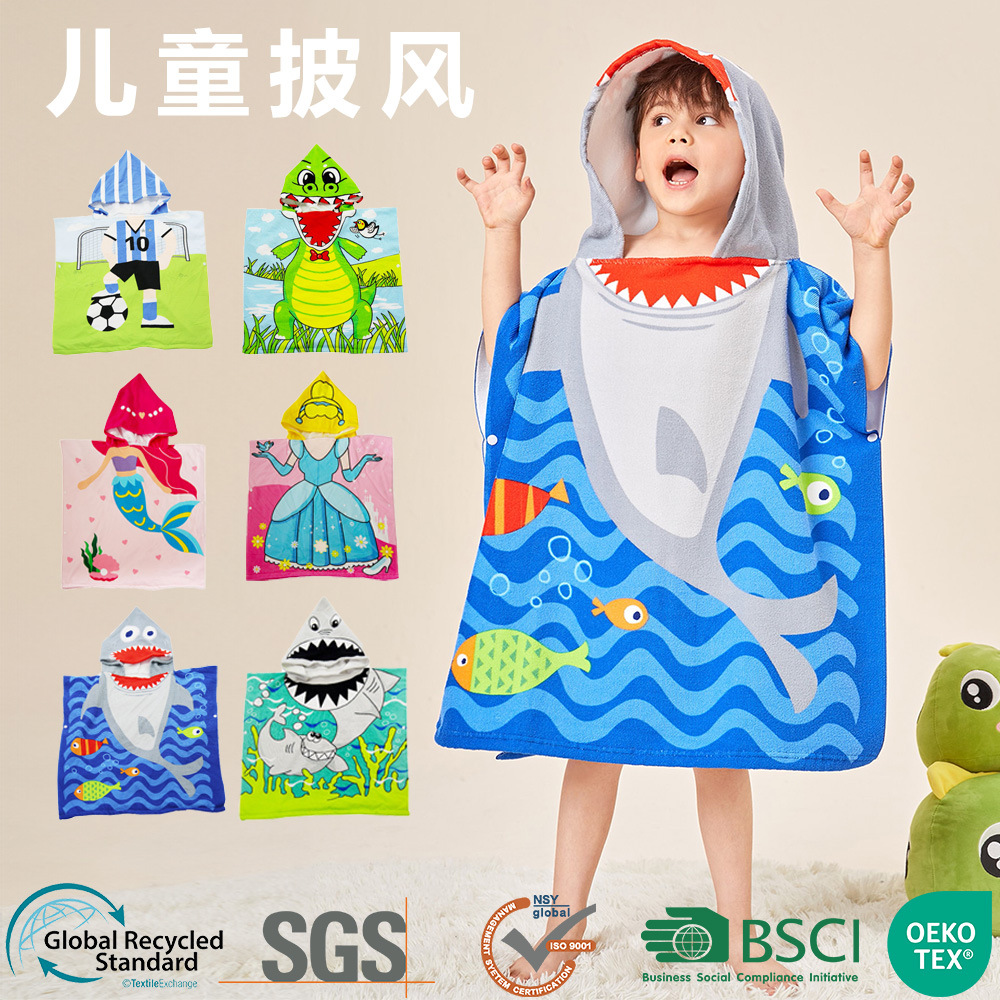 Toalla de baño con capucha de dibujos animados para niños de microfibra en stock, impresión digital, capa de cambio de playa con capucha de secado rápido suave