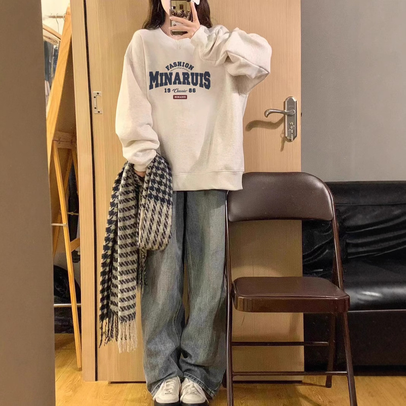 慵懒风圆领加绒欧货卫衣女秋冬宽松国风印花字母加厚灰色上衣百搭|undefined