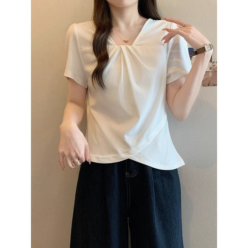 Summer Plus Size Oversized Women's Fashion Design V-Neck Asymmetrical Shoulder Slim Short Sleeve T-Shirt Top