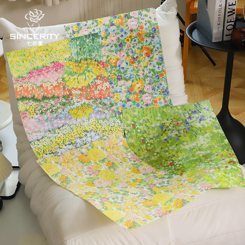 Papel de arte de flores de primavera de celebridades de Internet de siete colores Papel de estilo floral pastoral impermeable Papel de regalo de flores del día de la madre