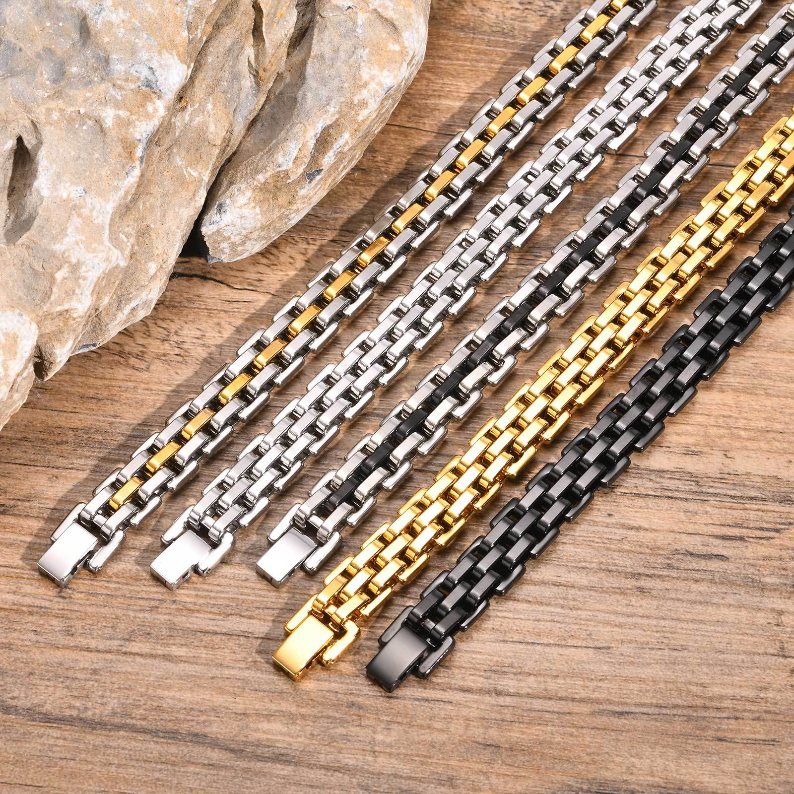 European and American Cross-border Simple Men's Wide-faced Stainless Steel Strap Gold Bracelet Black Gold BR-1318