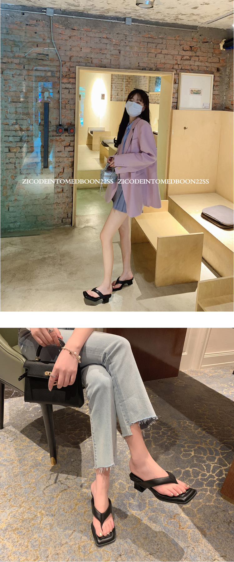 Dép sandal nữ xỏ ngón da cừu mũi vuông gót thấp — Màu đen chi tiết 30