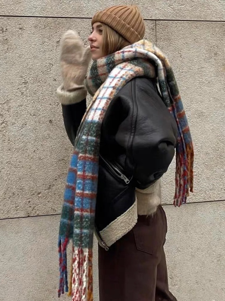 Lattice Pattern Autumn&Winter Season Women's Gender Simple Style Style Korean Style Autumn And Winter Rainbow Plaid Artificial Cashmere Scarf Female Student Couple Mohair Warm Scarf Long Shawl