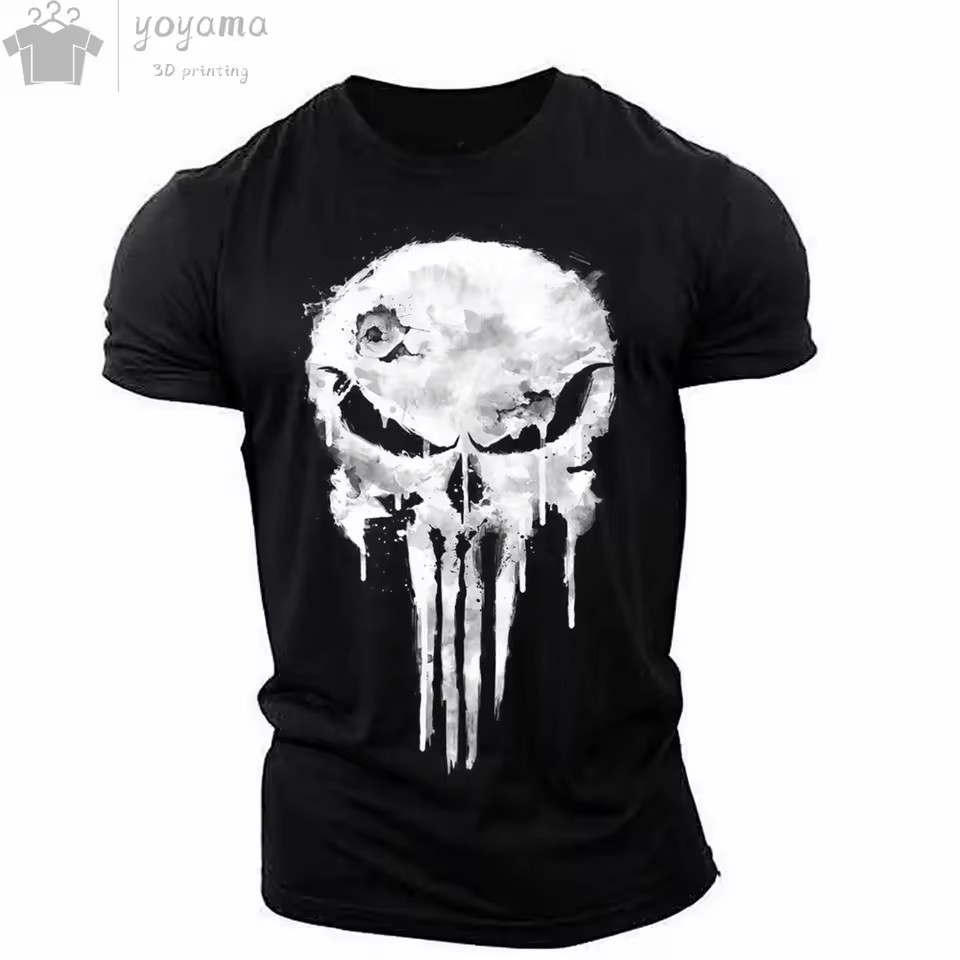 Moda venta caliente tinta calavera graffiti impresión 3D hombres verano calle moda hombro redondo cuello redondo camiseta de manga corta