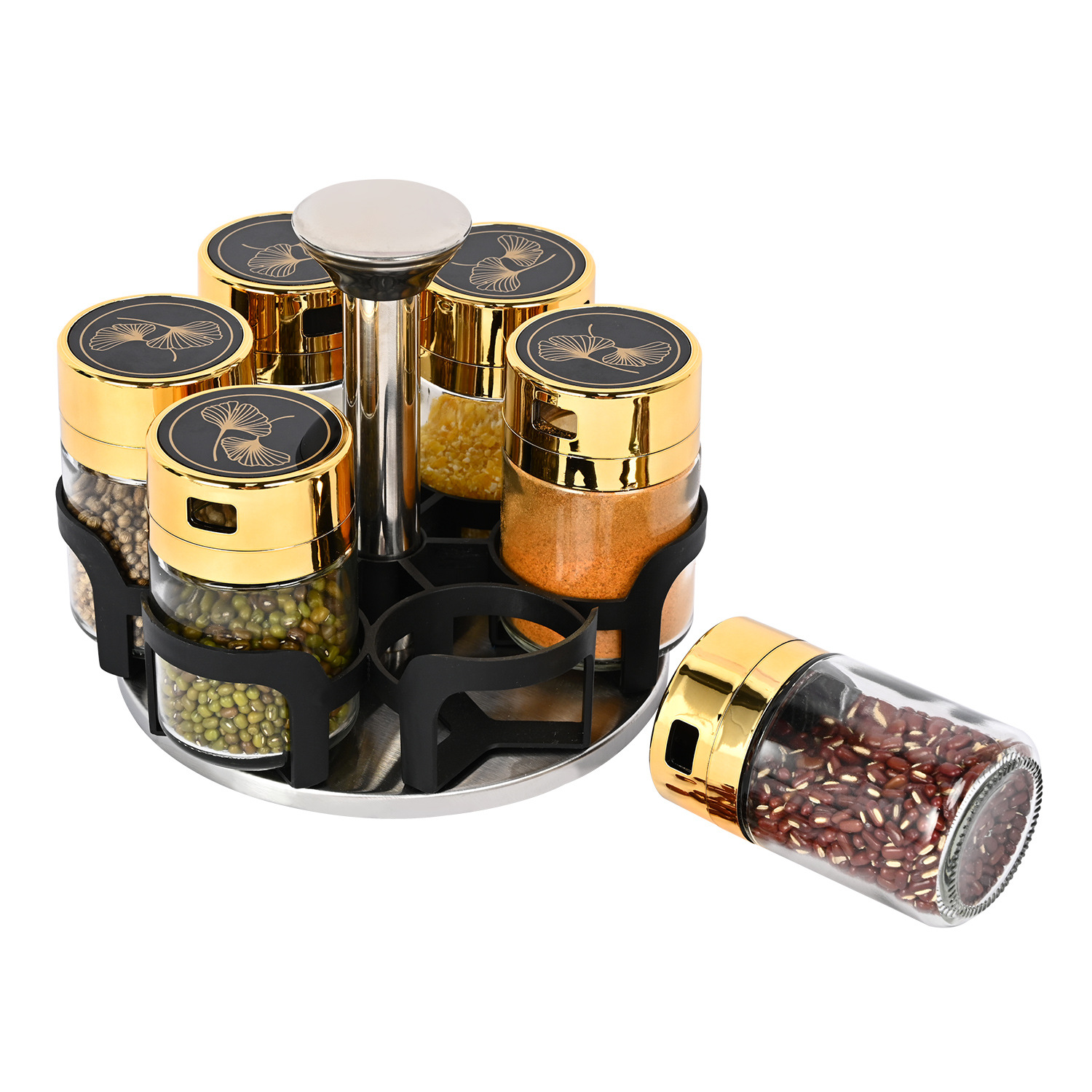 Creativo nuevo lujo ligero condimento rack traje a prueba de fugas vidrio condimento tarro sal tarro rotatorio condimento botella cocina suministros