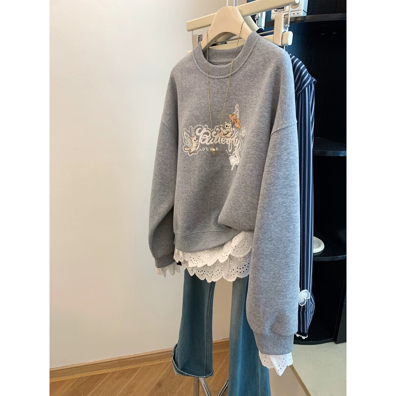 [Fat Girl] Gray Letter Embroider Splicing Lace Sweatshirt for Women in Autumn and Winter Loose Fleece-Lined Lazy Style Top Trendy