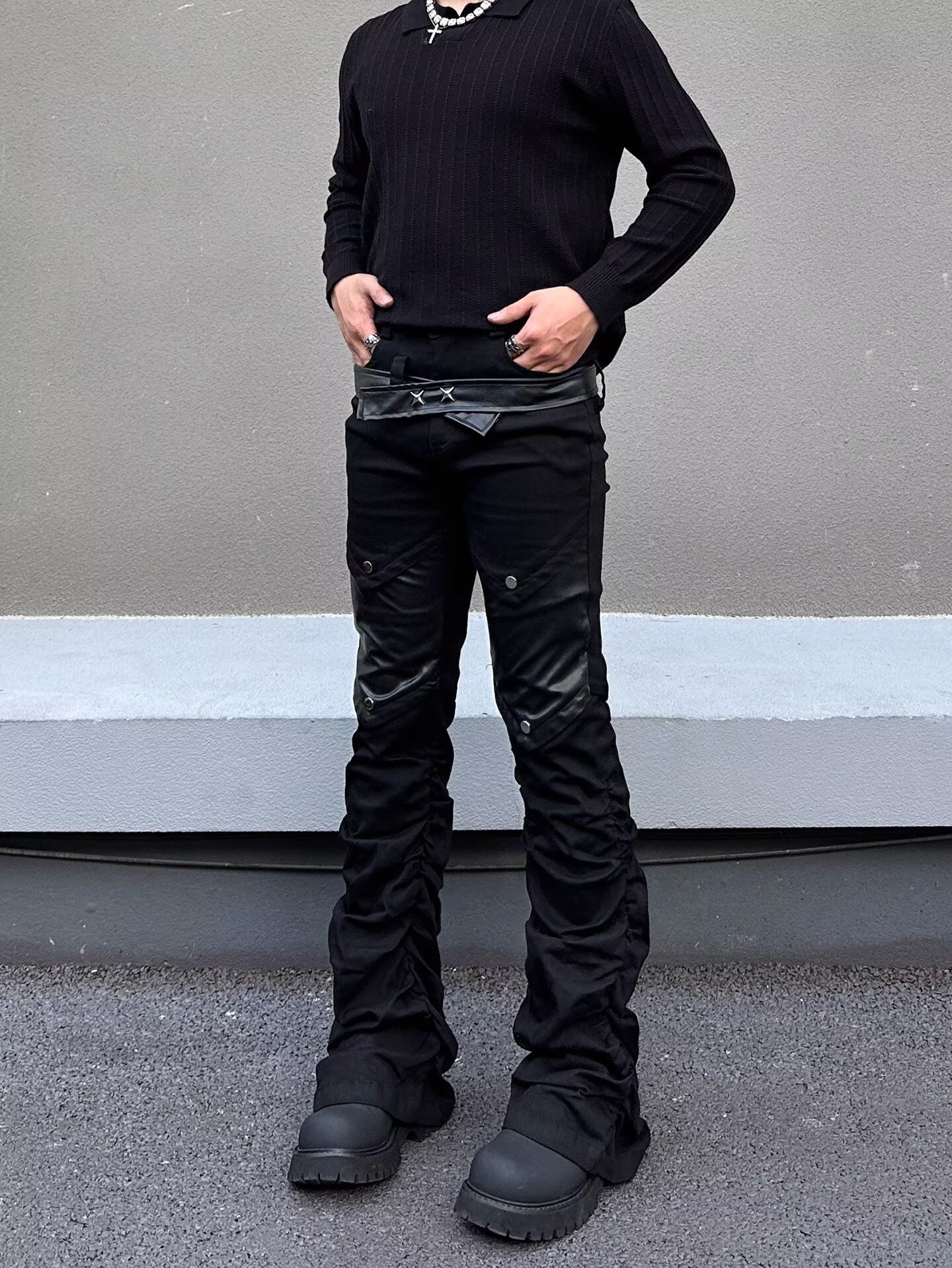 Men's Retro Washed Distressed Cleanfit Jeans Slightly Flared Slimming Black High Street Style American Vibe Curved Pants_mkmklike.com