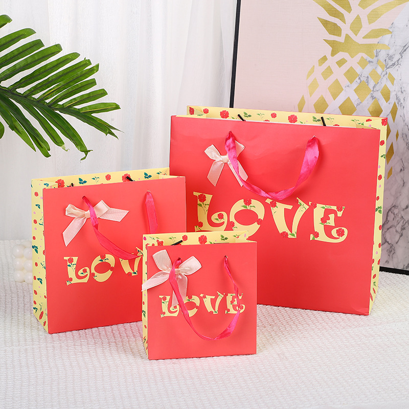 现货批发高档礼物袋爱心玫瑰花纸袋子迷你礼品袋情人节生日手提袋