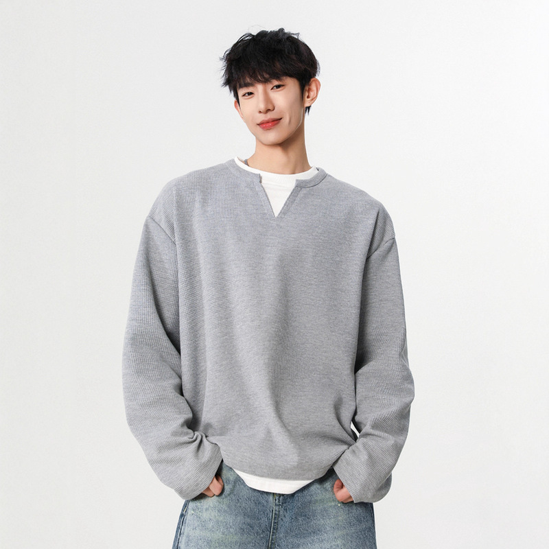 Japanese-Style College Waffle Fake Two-Piece V-Neck Men's Spring High-End Layered Base Shirt with a Sense of Design Long-Sleeve T-Shirt