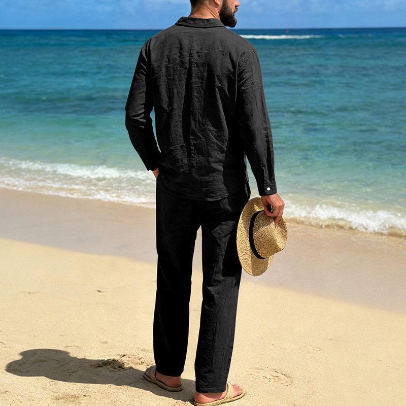 Set camicia in lino da uomo maniche lunghe completo casual mare_voghion.com