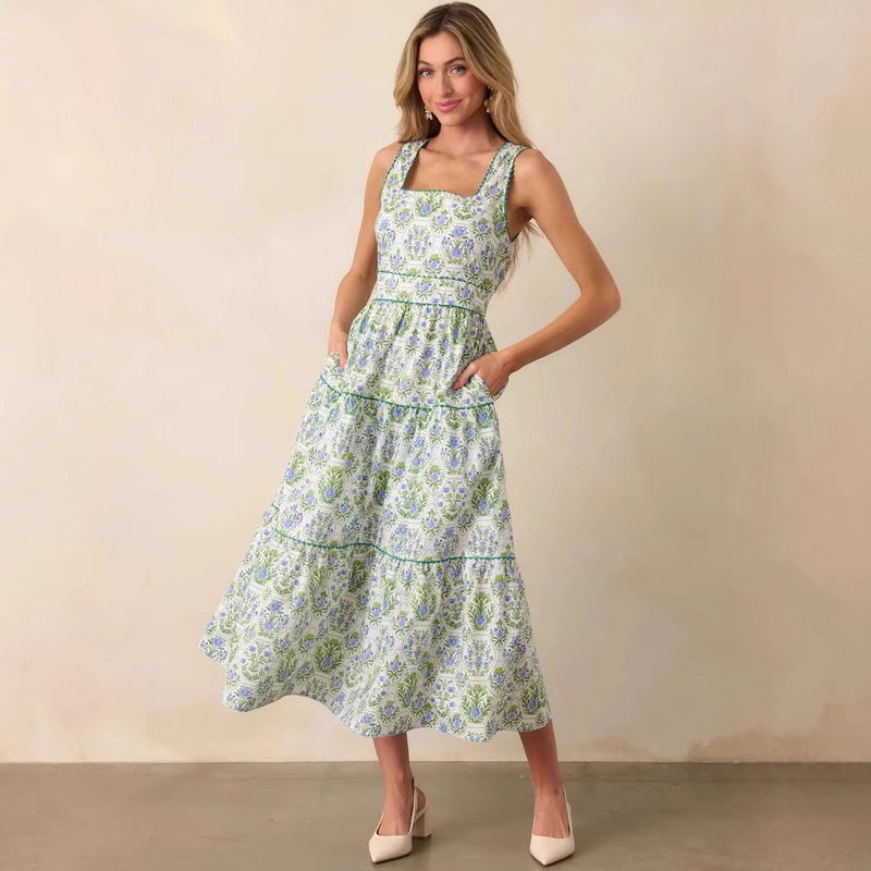 2025 Aliexpress European and American New Elegant Print This Is the One Floral Cotton Maxi Dress