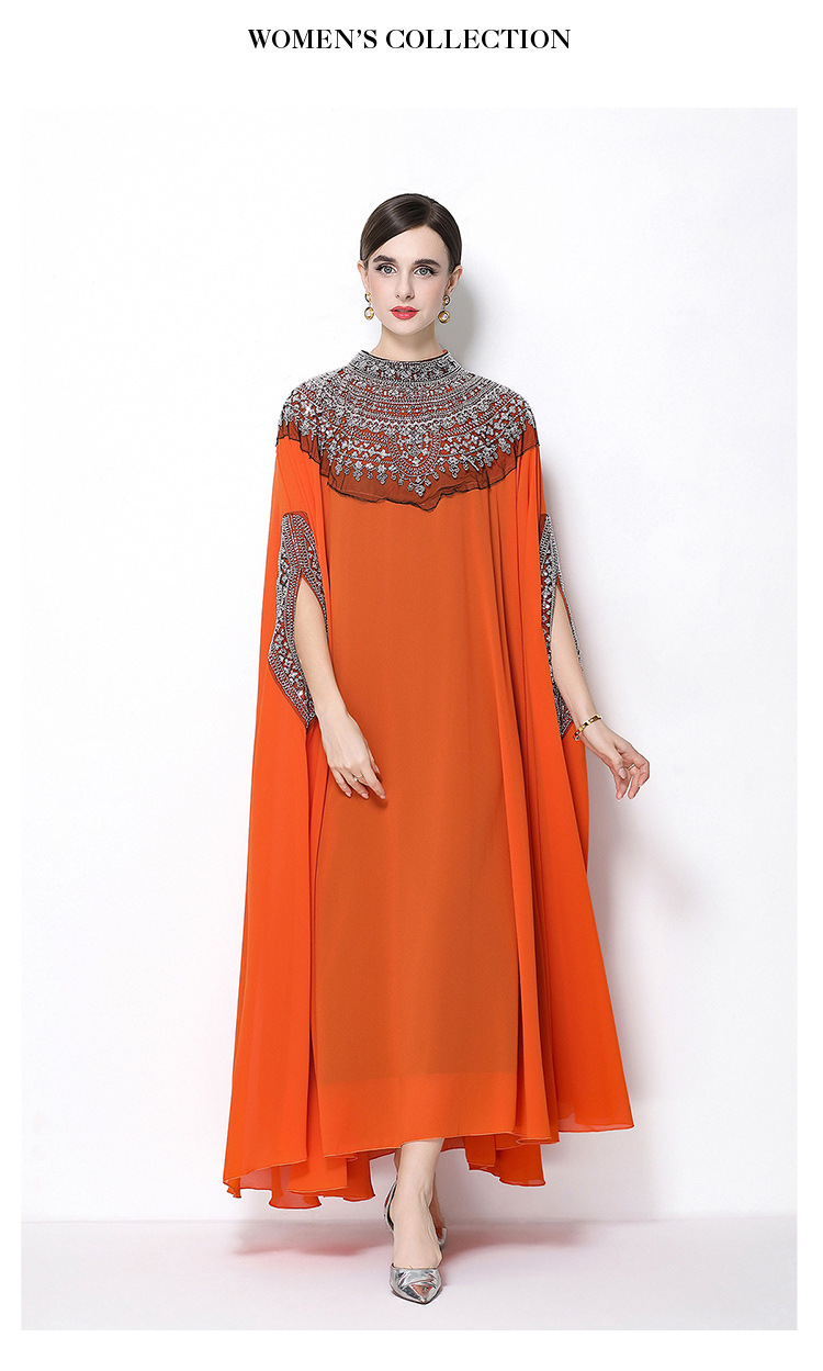 Đầm maxi nữ tay dài thêu hạt sequin cổ điển, dáng rộng che bụng — rượu vang đỏ, Vàng đen, Bạc đen, màu cam chi tiết 20