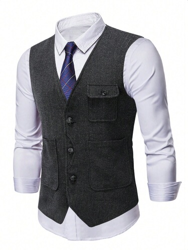 Men's Western Single-breasted Suit Vest Casual Business Evening Party Dress Top Coat