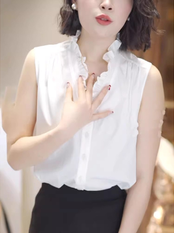 法式白色衬衫女士大码胖夏季设计感洋气减龄木耳边领无袖上衣|undefined